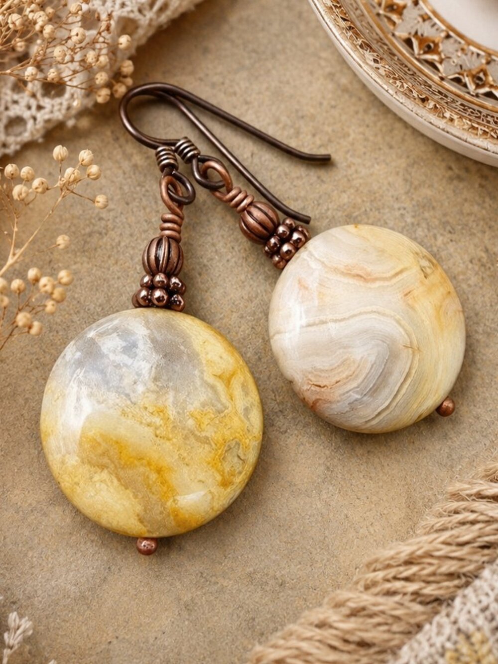 Mexican Lace Agate Earrings Copper Hypoallergenic Niobium Hooks